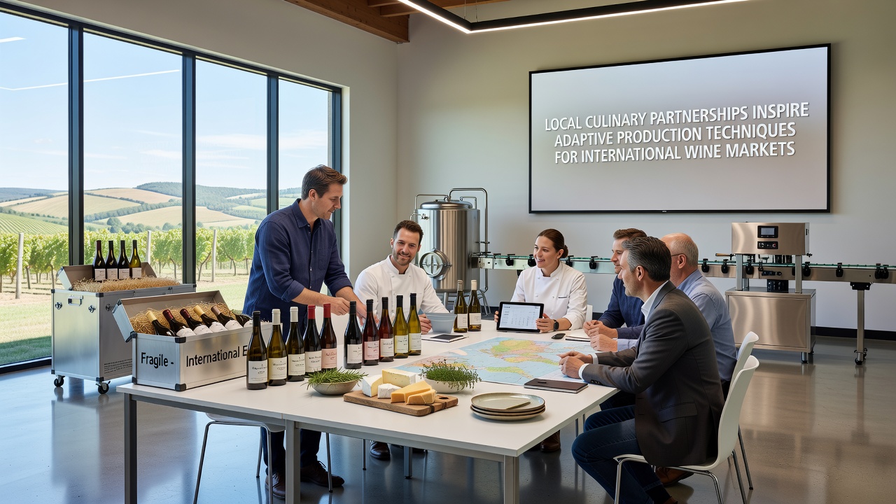 Wine barrels and culinary ingredients arranged for collaborative tasting session