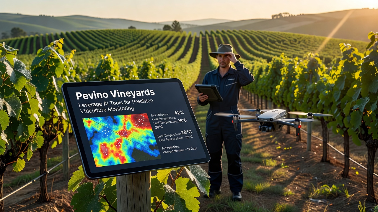 Close-up of vineyard sensor node with AI dashboard display showing real-time vine stress metrics and irrigation recommendations